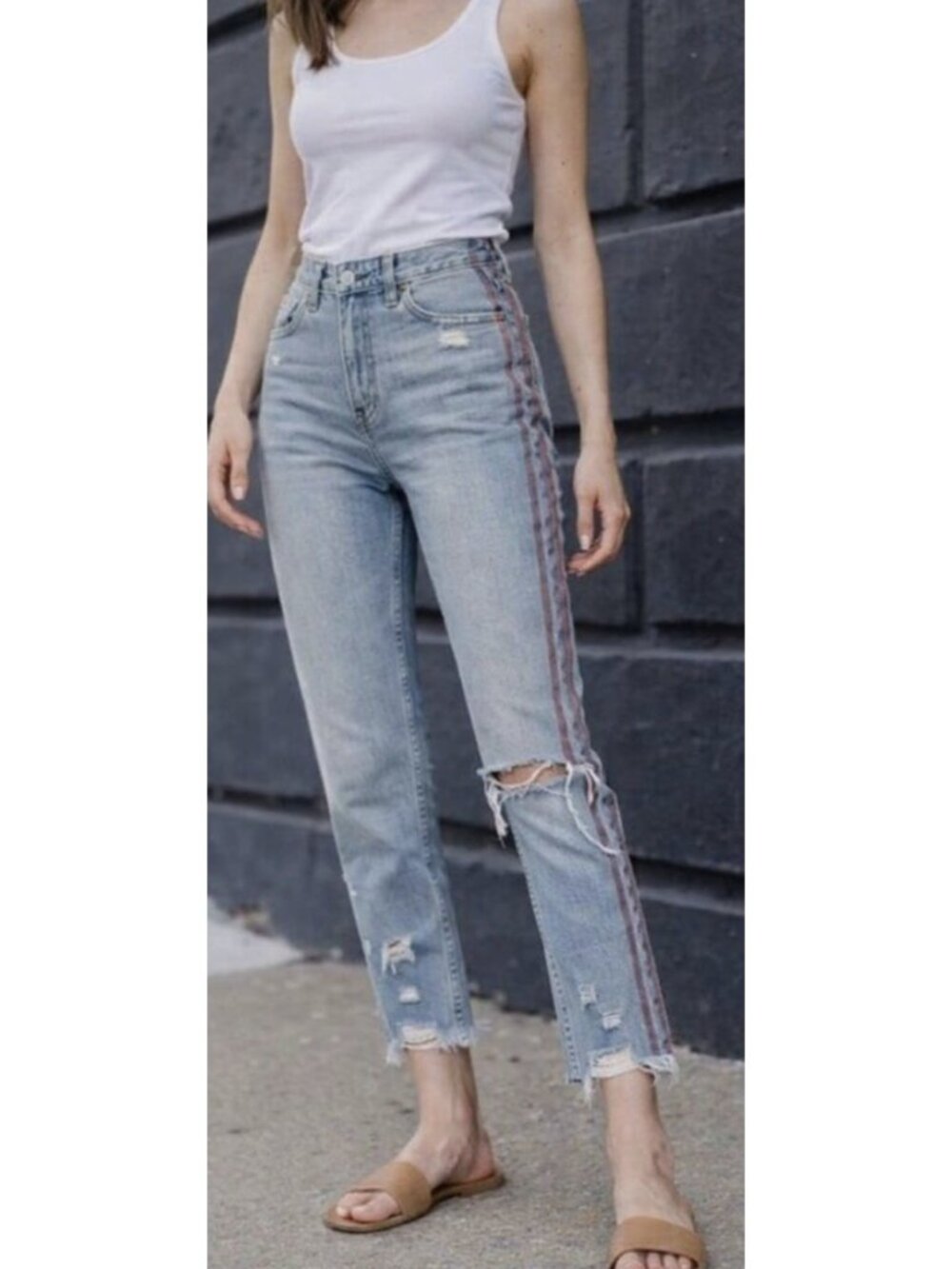 Abercrombie & Fitch Annie High Rise Girlfriend Jeans Size 26 Distressed Stripe